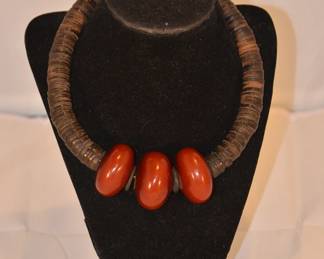 African Tribal Brown Disc Necklace with Large Rust Colored Wooden Beads