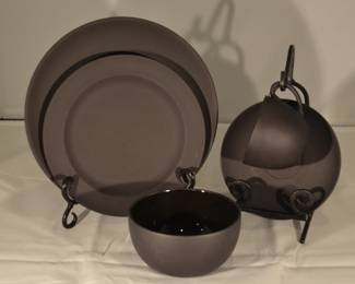 Mid Century Wedgwood Black Matte Jasperware Dinnerware, 5 piece place setting for twelve