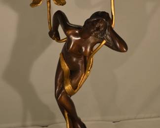 Art Nouveau Nude Bronze and Gilt Gold 21.5" Candlesticks, Pair