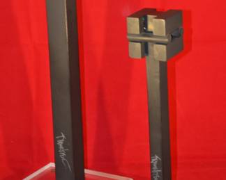 Contemporary Matte Black Modernist Iron Artist Signed Sculptures on Acrylic Bases, Sold as a Pair. 13" and 16.5"