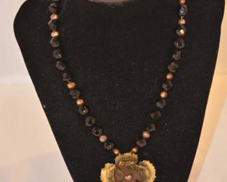 Black Onyx and Pearl 17" Necklace with Brass Cut Flower Pendant  
