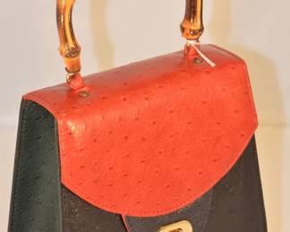 Vivienne Small Vintage Genuine Embossed Leather Handbag with Bamboo Handle and Detachable Strap. Made in Austria. Mint Condition