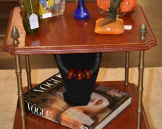 Vintage Brunschwig & Fils Burnt Red Embossed Leather Top Two Tier Accent Table,  15"l x 17.75" w x 20.5"h.  Two Available