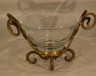 Antique Patina Solid Brass Acanthus Leaf and Fish Motif Stand with Blown Glass Bowl, 9"h x 15"w