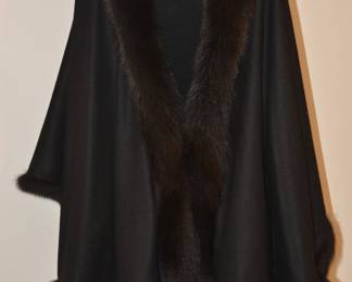 Black Cashmere Cape with Black Fox Trim, 36" Long x 120" Sweep