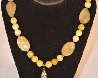 Multi Colored Jade Beaded 21" Necklace with Yellow Jade and Silver Pendant
