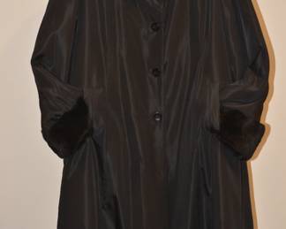 Black Taffeta Long Coat with Removable Black Rabbit Lining. Size XL/1X