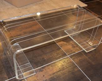 Mid Century Acrylic 3/4' Thick Waterfall Coffee Table with Underside Striping, 45.5"w x 16.5"h x 20"d. Several Visible Scratches