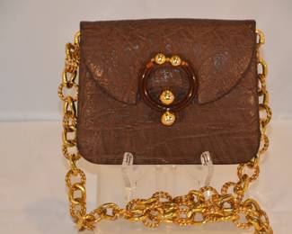 Vintage Embossed Brown Leather with Gold Chain Shoulder bag