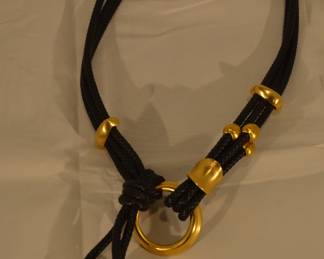 Clara Studio, USA Signed Synergy 34" Black Leather Belt/Necklace with Gold Tone, 