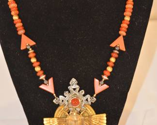 Multi Colored Carnelian Necklace with Silver and Bronze Tone Pendant, 17" with a three Inch Extension