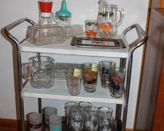 3 SHELF KITCHEN UTILITY CART w/VINTAGE GLASSES
