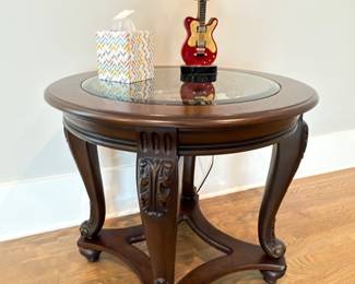 Carved wood glass-top round end table