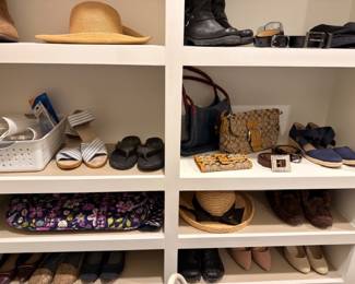 Women's shoes, sandals, designer handbags, and hats
