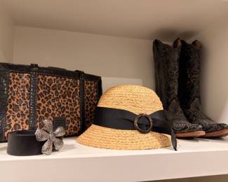 Leopard print tote, straw sun hat, and black western boots