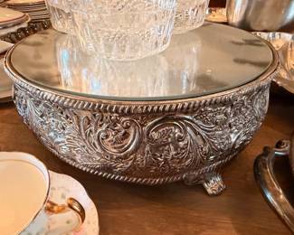 Ornate repousse silverplate footed bowl