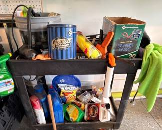 Utility cart with cleaning and car care supplies