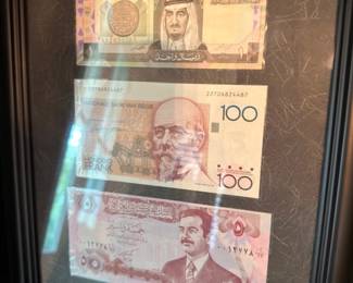 Framed foreign currency banknotes collection