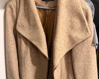 Women's tan wool wrap coat with drape collar