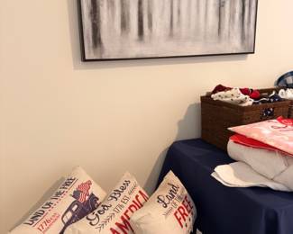 Large abstract tree canvas art and Americana pillows