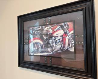 Framed vintage motorcycle print, red and cream