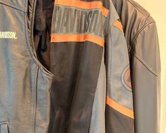 Harley-Davidson leather riding jacket, black with orange stripe