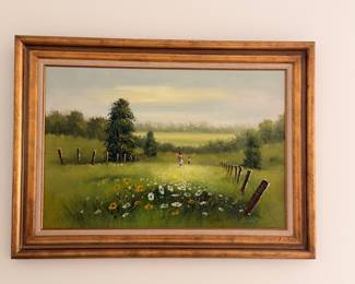 Framed landscape oil painting in gold gilt frame