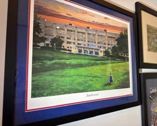 Framed university building art print, matted
