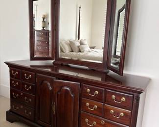 Cherry triple dresser with tri-fold mirror