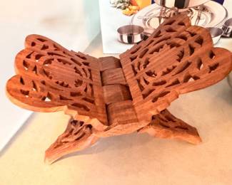 Carved wood folding book stand, ornate fretwork