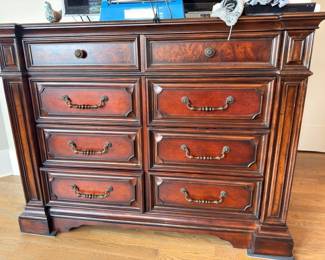 Cherry burl wood dresser with brass pulls