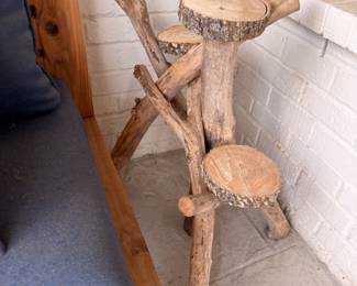 Rustic log branch tiered plant stand