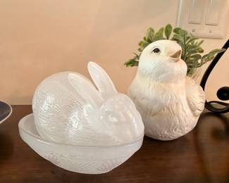 Frosted glass rabbit covered dish and ceramic bird figurine