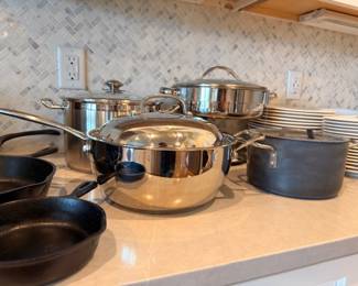 Stainless steel pots, pans, and cast iron skillets
