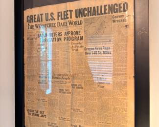 Framed vintage newspaper, 'Great U.S. Fleet Unchallenged'