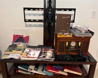 Media console with TV mount and vintage-style radio
