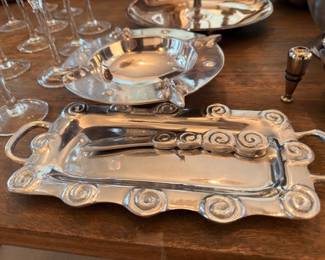 Polished metal scroll-edge serving tray