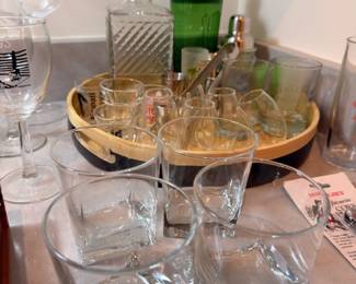 Barware set, rocks glasses, and decanters