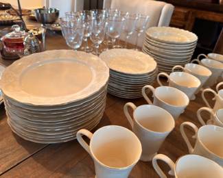White china dinner set, plates, cups, and stemware