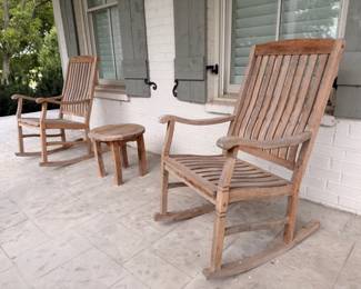 Teak outdoor rocking chairs and side table