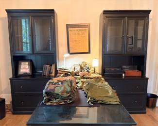 Black wood lighted china cabinet with glass-door hutch