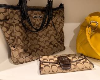 Coach signature tote with matching wallet and yellow handbag