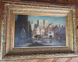 Monumental European Oil Painting Notre Dame Under Construction Signed Fernetti or Fernette