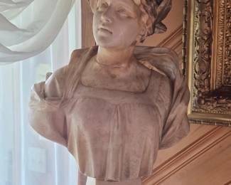 Grand Marble Bust of Beatrice on Black Marble Pedestal