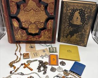 8 AntiqueReligiousEphemeraRosariesMedalsCatholicBooksLot