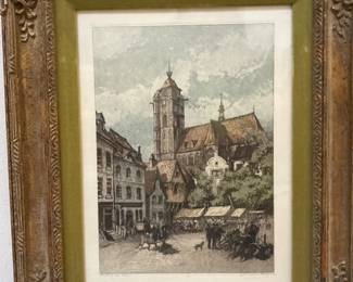 40 SignedEidenbergerEuropeanMarketSceneFramedEtchingPrint