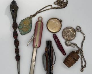 37 VintageCurioLotPocketKnivesWatchPipesPendantsSmalls
