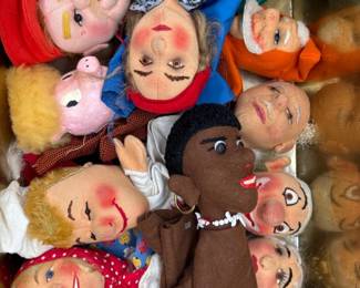 78 LargeLotofVintageHandPuppetswithMetalStorageBreadBox