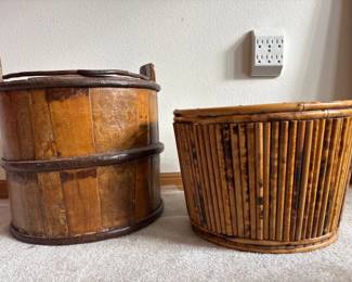 185 VintageWoodenBucketBambooBasketWroughtIronRusticCharm