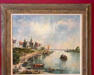 103 SignedHarborLandscapeOilPaintingCoastalVillageBoats
